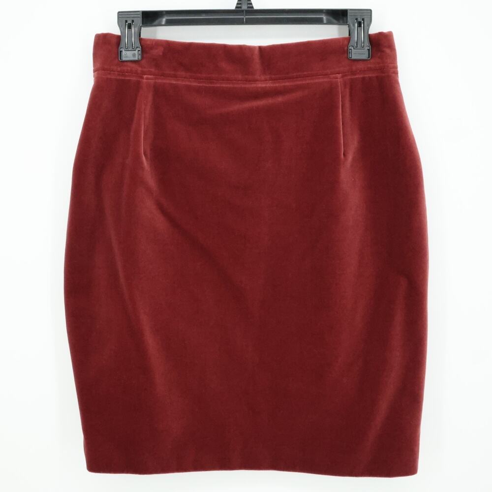 Laurel Escada Skirt Womens 10 Burgundy Velour Stretch Back Zip Lined Pencil Vtg